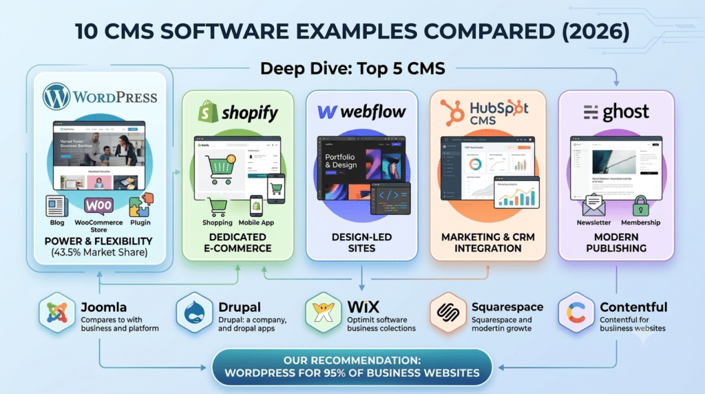 10 CMS Software Examples Compared WordPress, Webflow, Shopify & More (2026) 