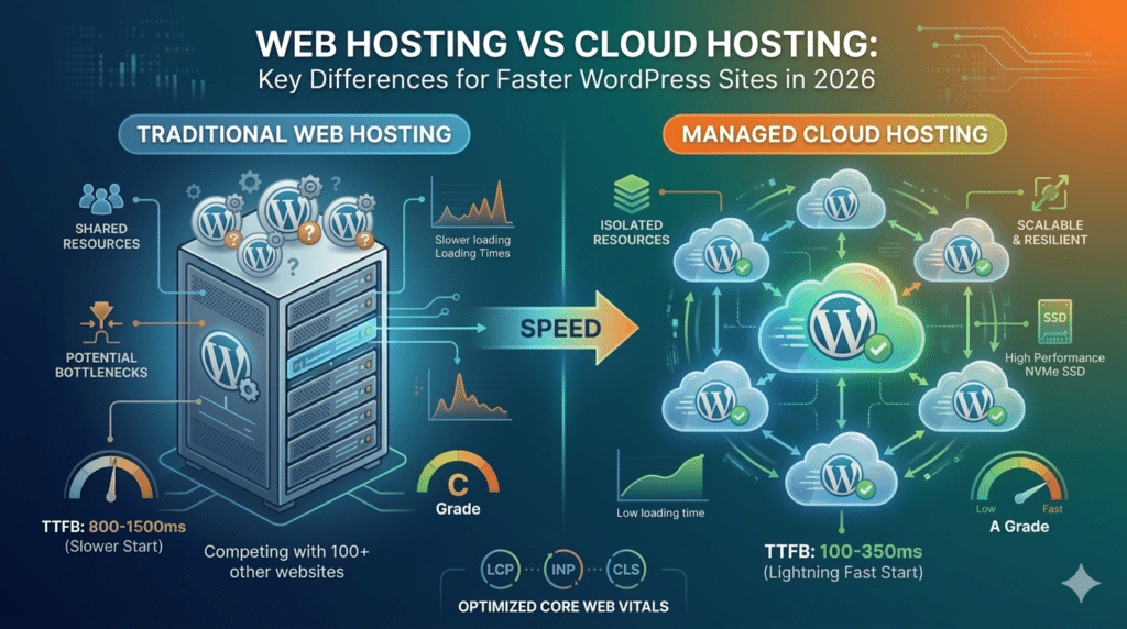 Web Hosting vs Cloud Hosting Key Differences for Faster WordPress Sites in 2026 Feature