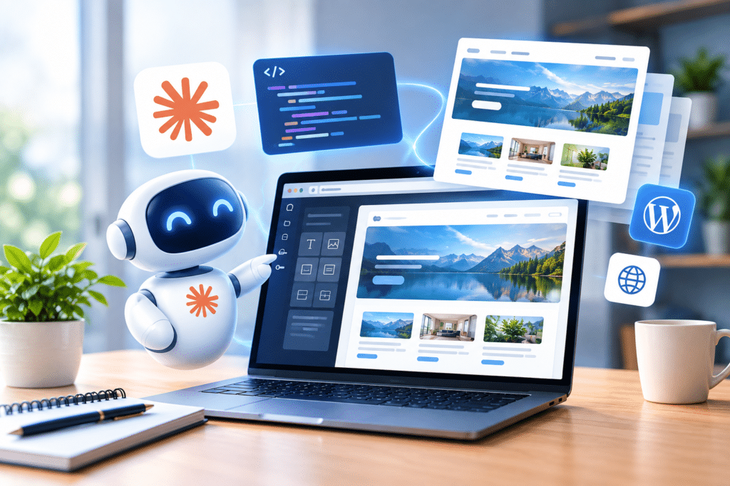Building a WordPress website with the Claude AI assistant open alongside the editor, build a website with Claude AI