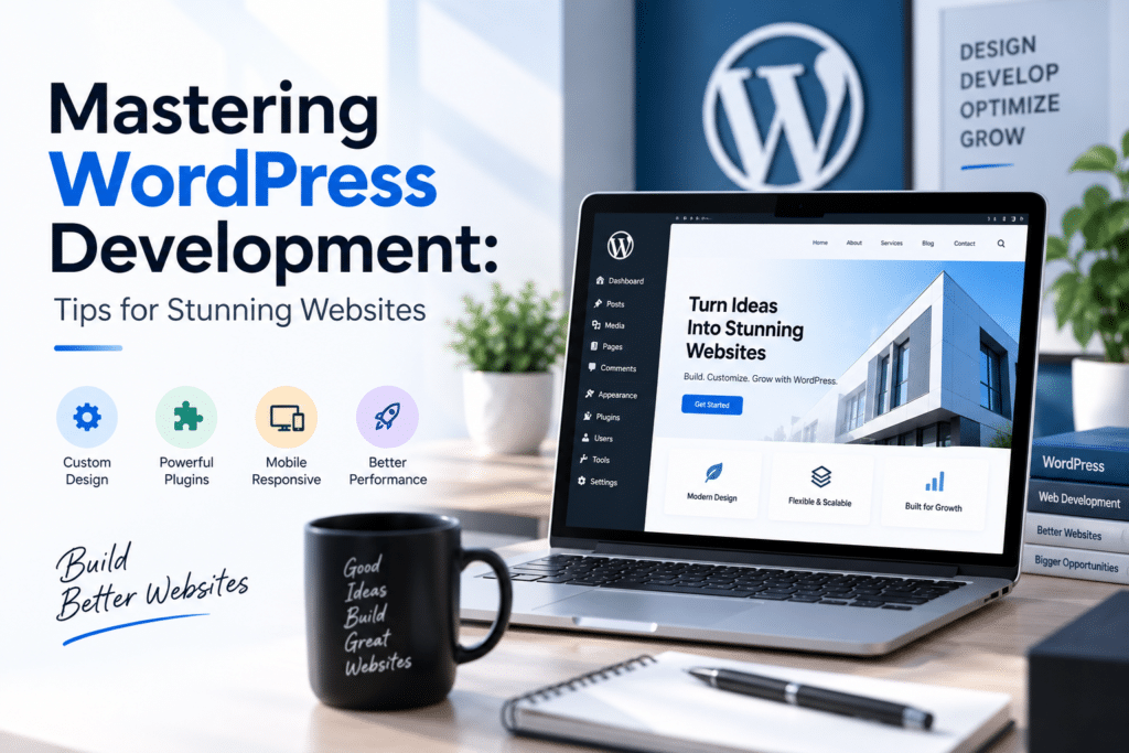 Developer building a custom WordPress website with code and design tools , Mastering WordPress Development Tips for Stunning Websites , WordPress Development: Tips